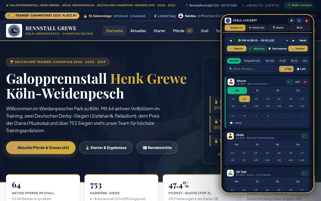 Rennstall Grewe Köln – Website-Relaunch 2026, Mobile Stall- & Galopp-Cockpit & KI-Co-Trainer