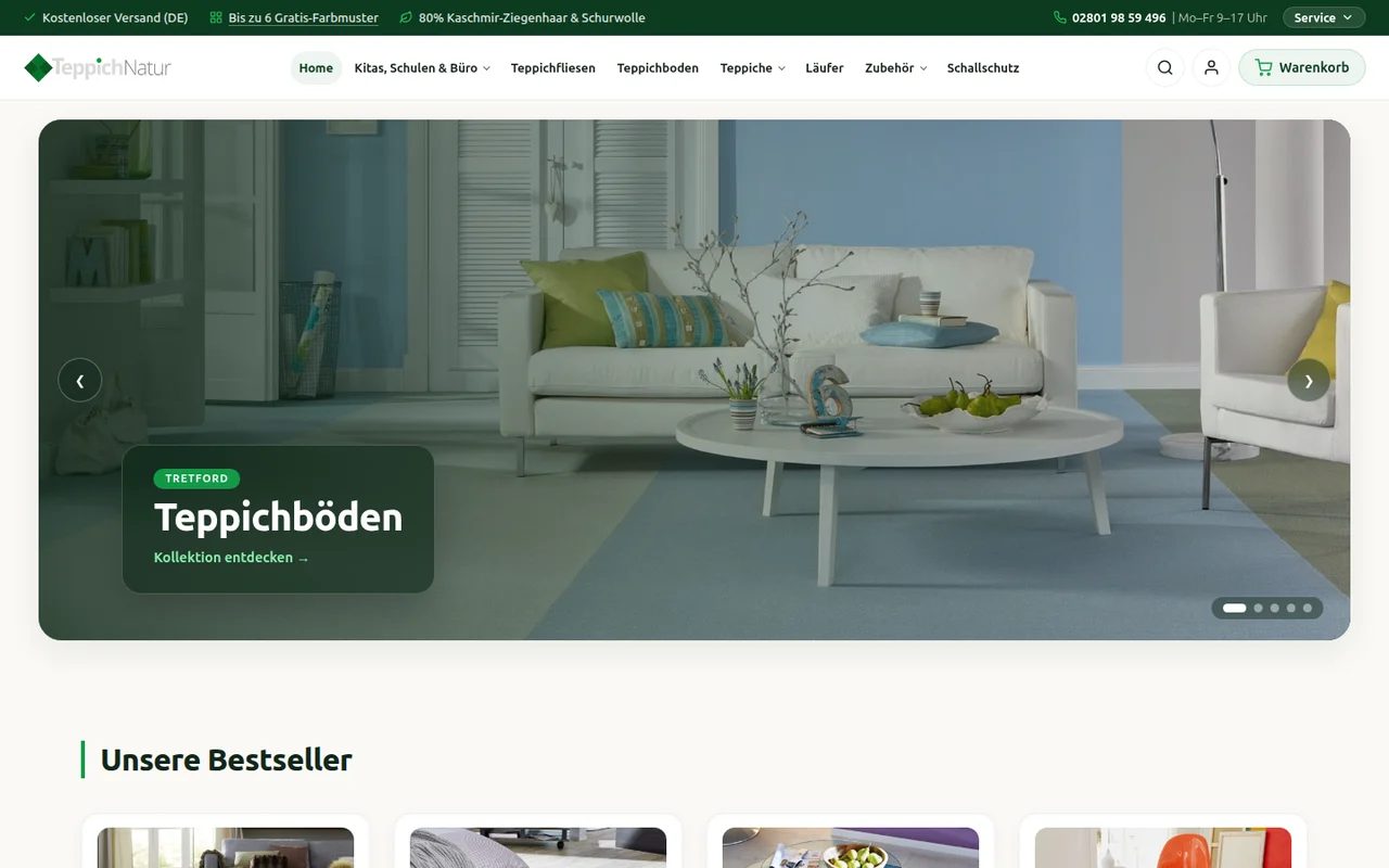 Teppich Natur – E-Commerce Relaunch 2026, Custom WooCommerce Theme & Farbmuster-Tool